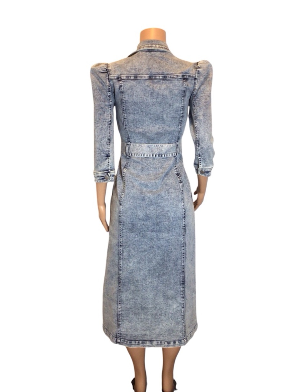 NWOT Venus Denim Midi Dress Sz 6 Puff Sleeve Belted Button Front Stretch - Picture 6 of 12